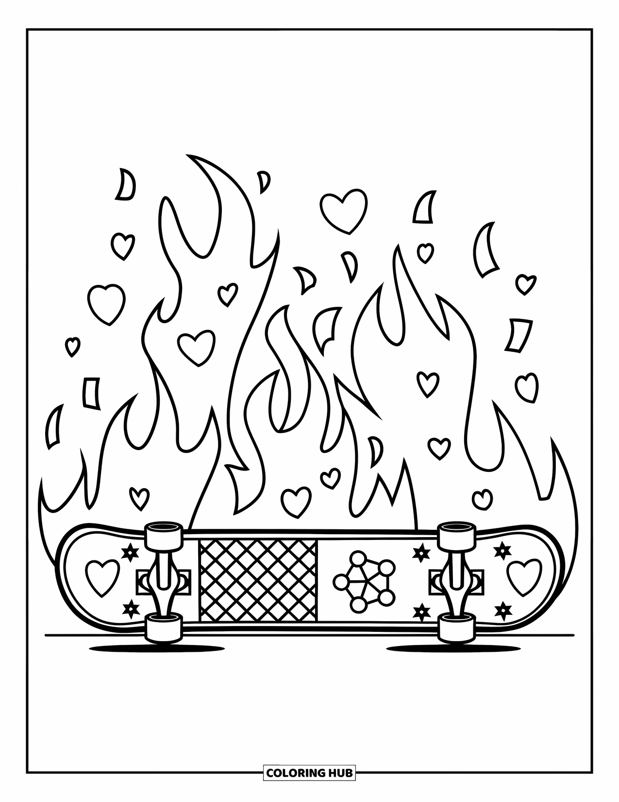 Y2K Coloring Page for Kids: Decorated skateboard with flames, checker patterns, and hearts resting on the ground