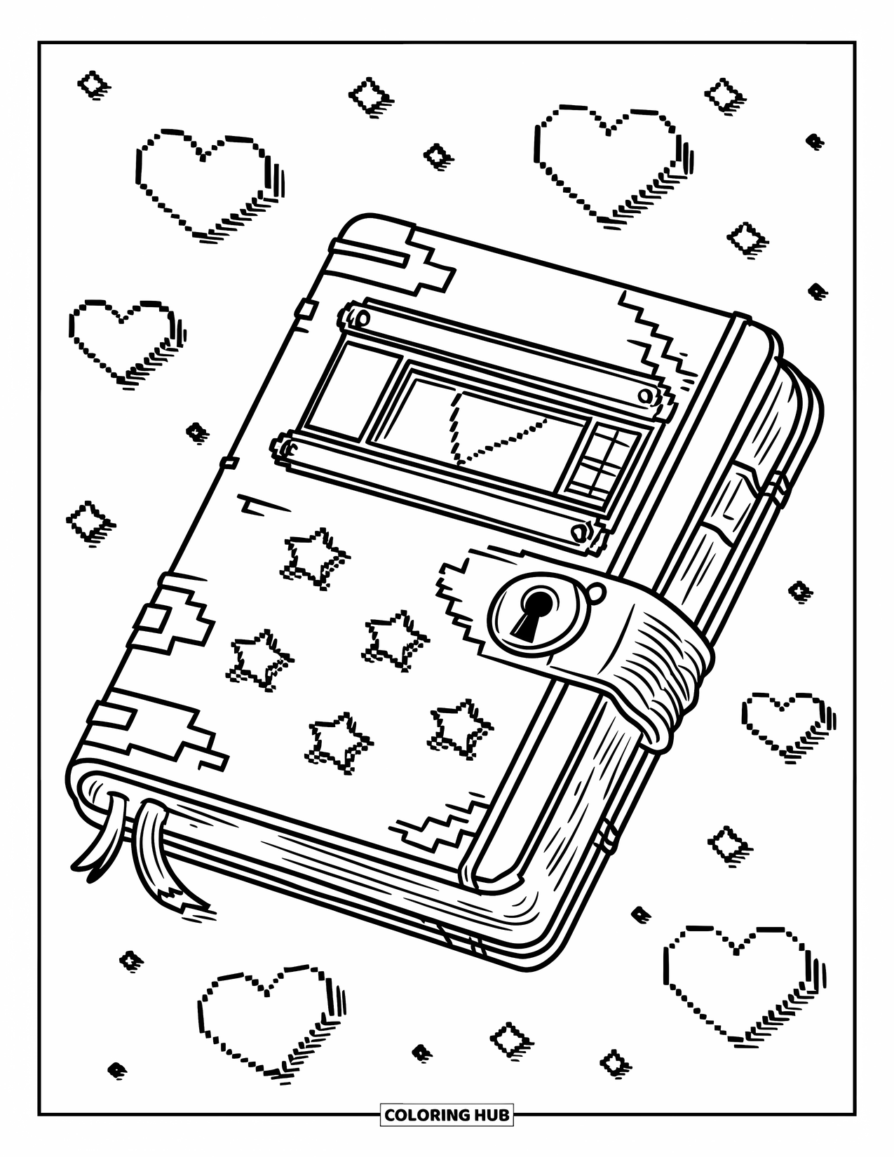 Y2K Coloring Page for Kids: Digital diary with pixel screen, lock, and floating hearts under a starry sky
