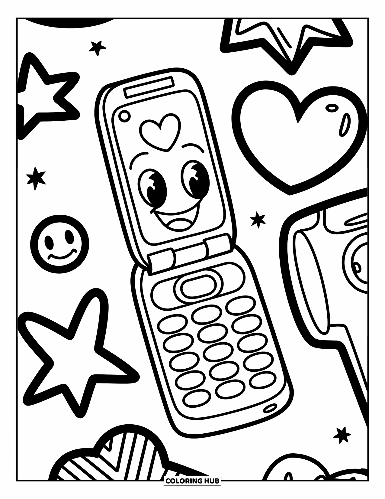 Y2K Coloring Page for Kids: Flip phone with big buttons surrounded by bold shapes like stars and smiley faces