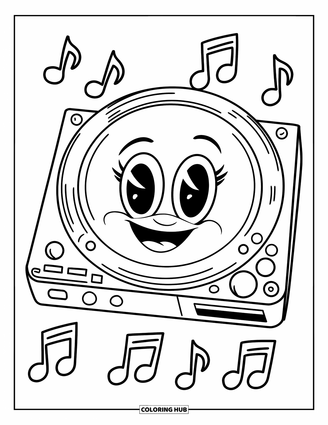 Y2K Coloring Page for Kids: Friendly CD player with a smiley face and musical notes floating all around