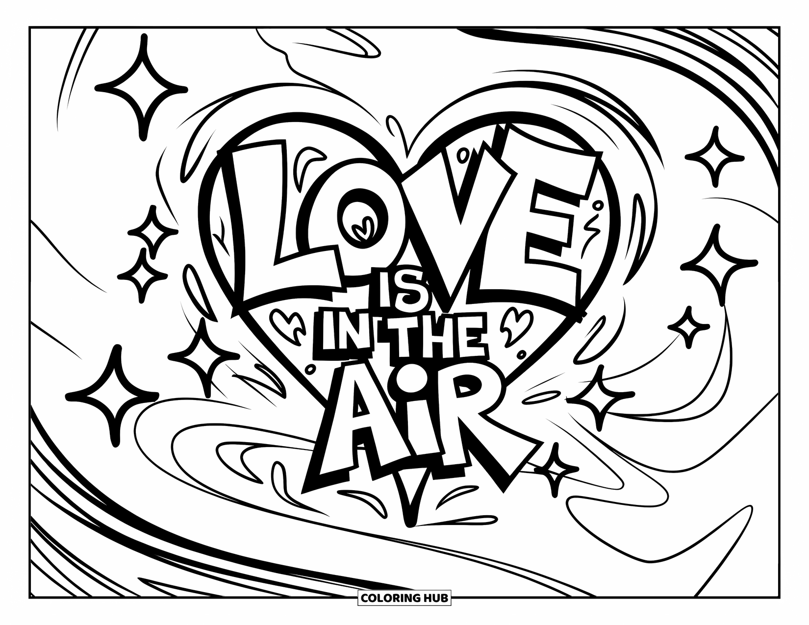 Y2K Coloring Page for Kids: Graffiti heart with swirls and sparkles, featuring the phrase "Love is in the air"