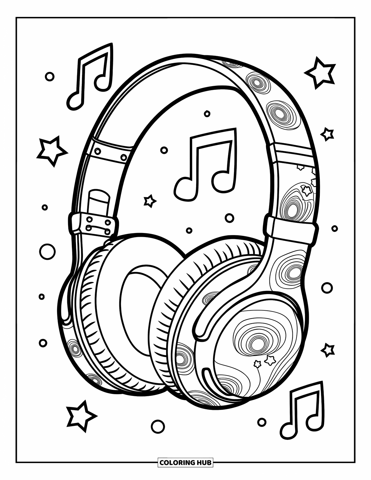 Y2K Coloring Page for Kids: Headphones with stars, swirls, and music icons floating around in a modern design