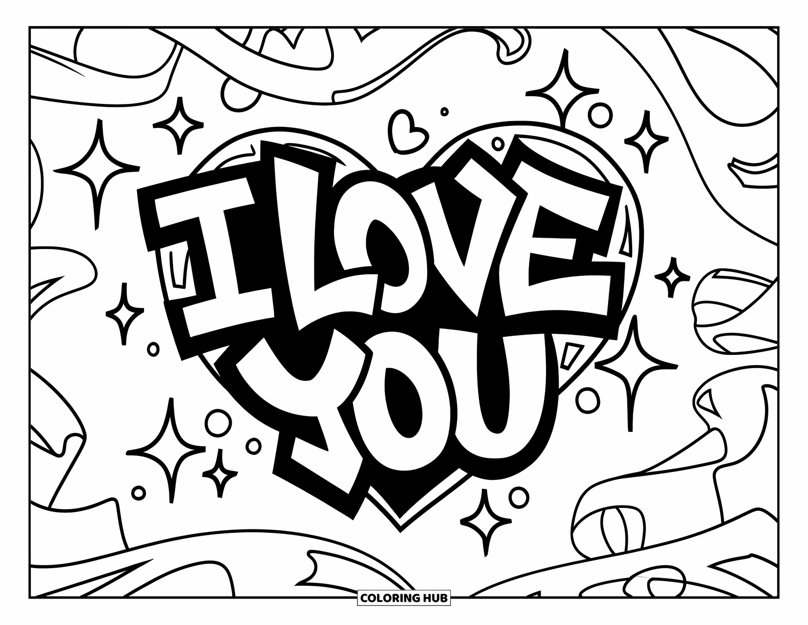 Y2K Coloring Page for Kids: Heart-shaped graffiti design with "I love you" and sparkles dancing around it