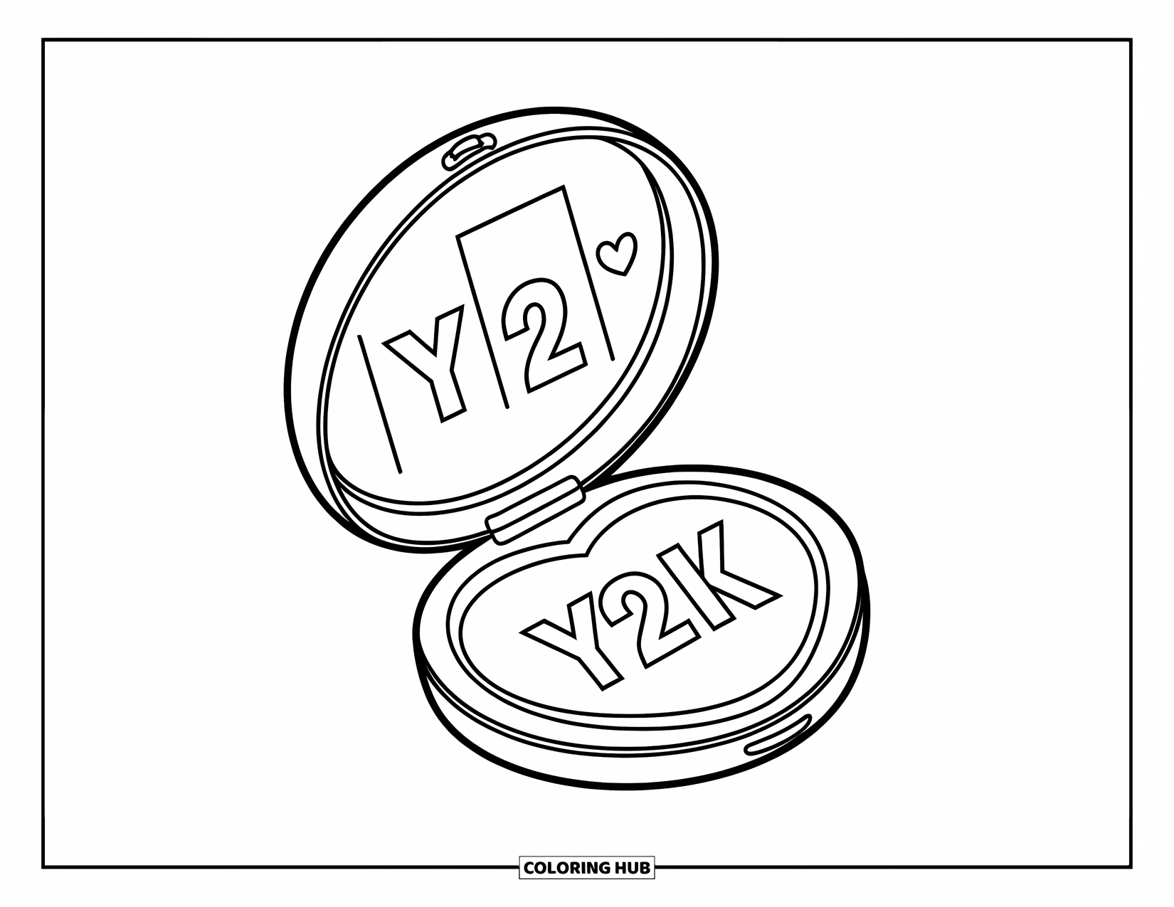 Y2K Coloring Page for Kids: Heart-shaped mirror showing playful Y2K icons in a cheerful design