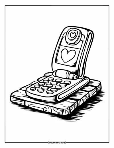 Ζωγραφιά Y2K για παιδιά: Flip phone με αυτοκόλλητες καρδούλες ακουμπισμένο σε ξύλινη σανίδα με ζεστή αίσθηση