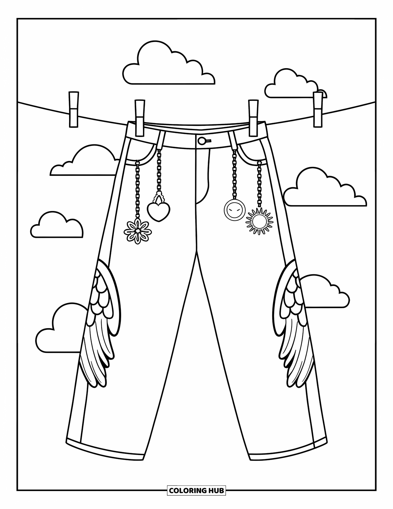 Y2K Coloring Page for Kids: Jeans with charms and angel wings hanging on a line under soft clouds