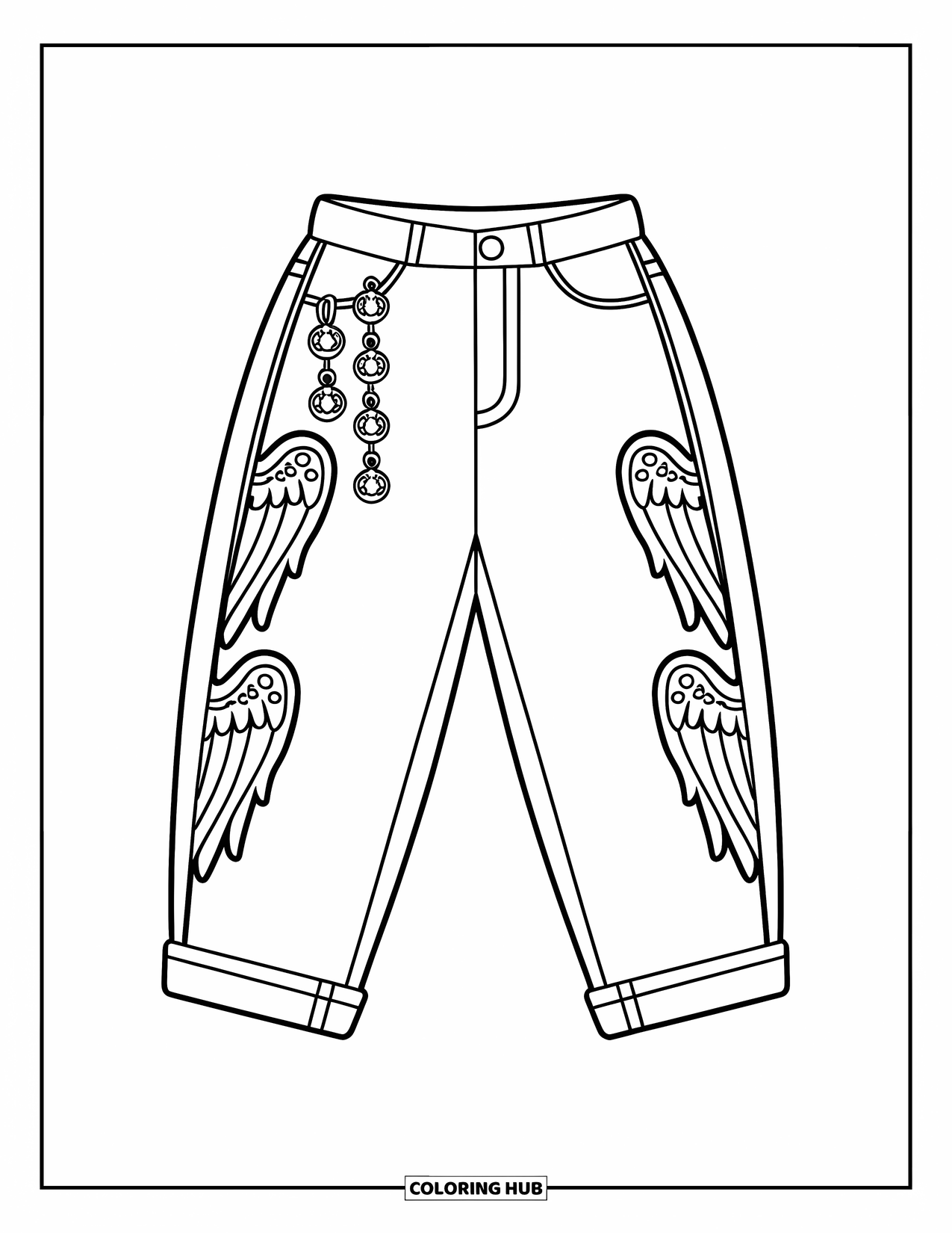 Y2K Coloring Page for Kids: Low-rise jeans with charm and wing designs along the side