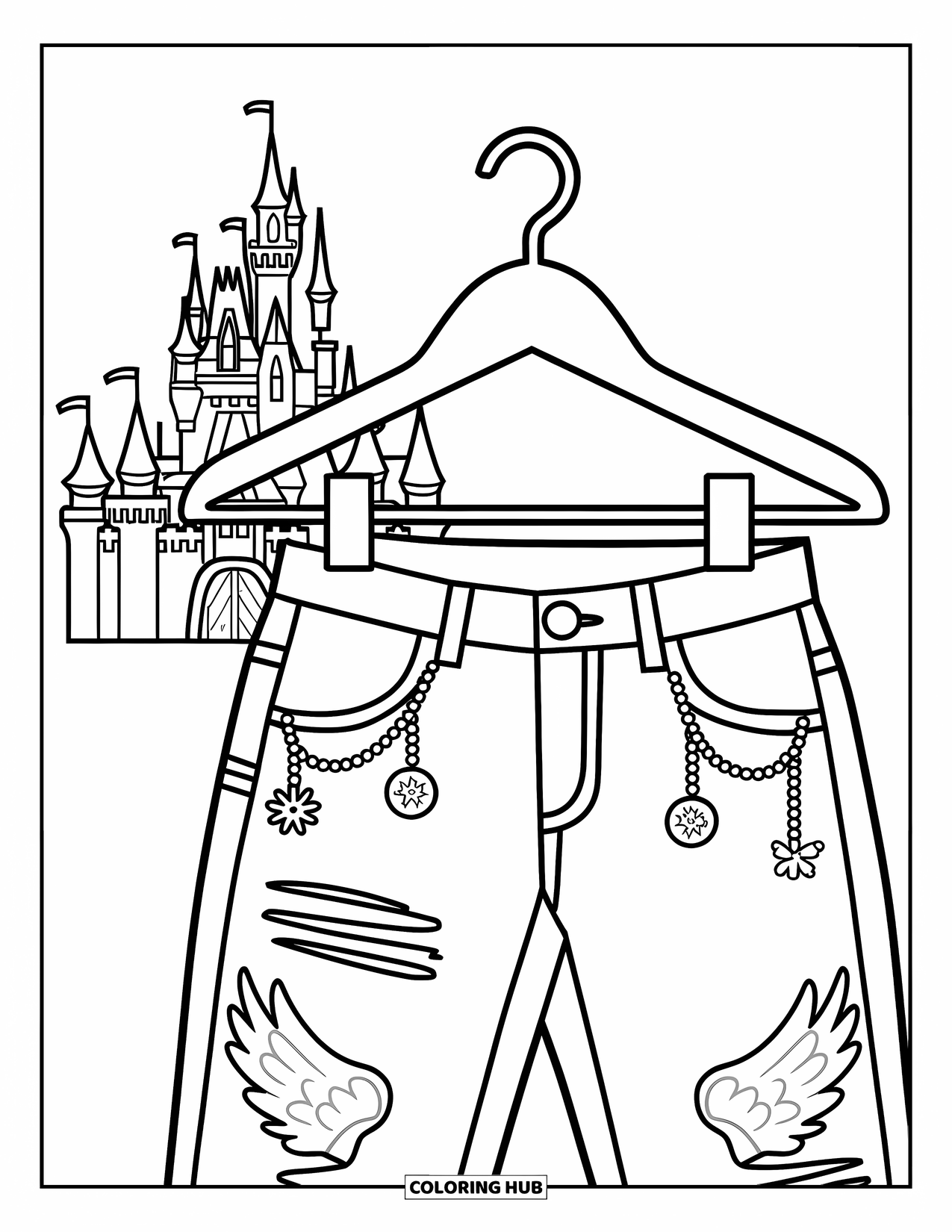 Y2K Coloring Page for Kids: Low-rise jeans with wing motifs hang neatly with a castle in the distance