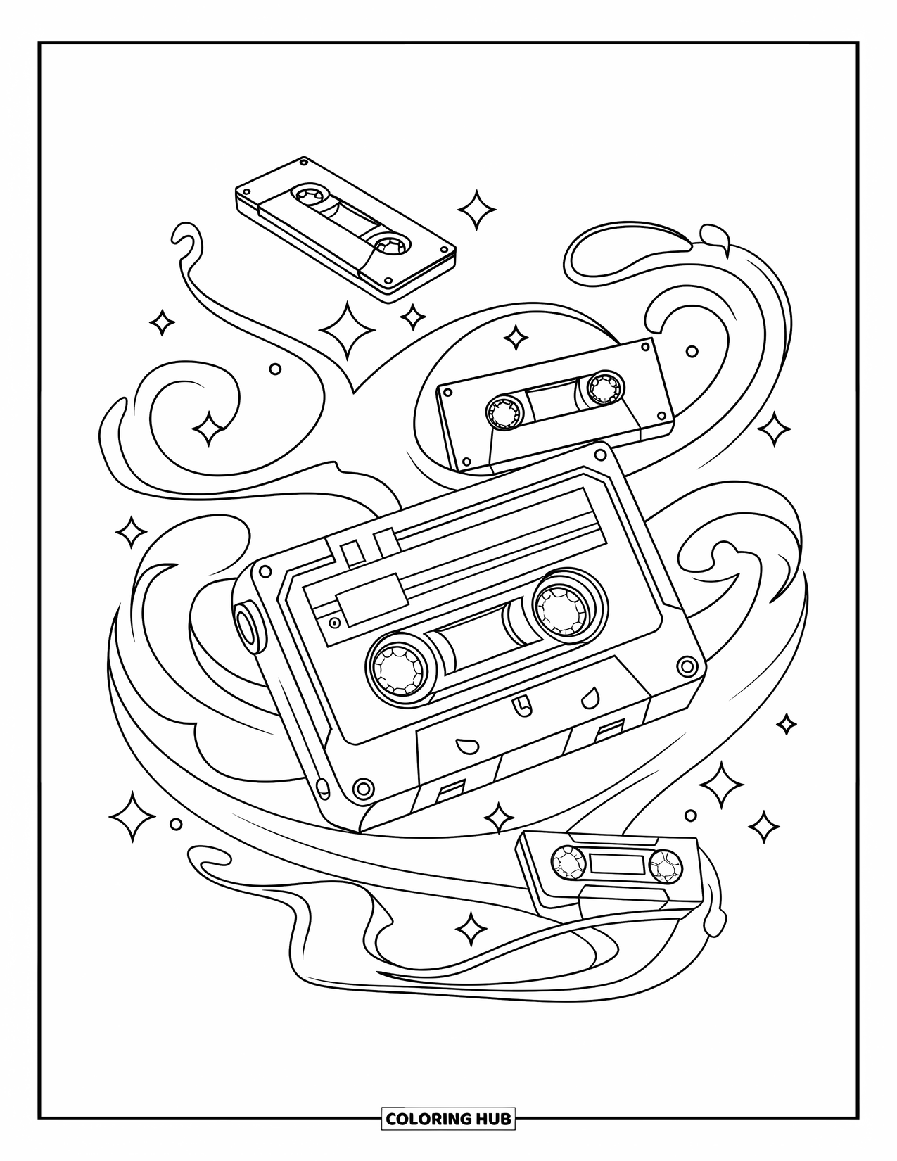 Y2K Coloring Page for Kids: Magical cassette player surrounded by floating reels and soft swirling shapes