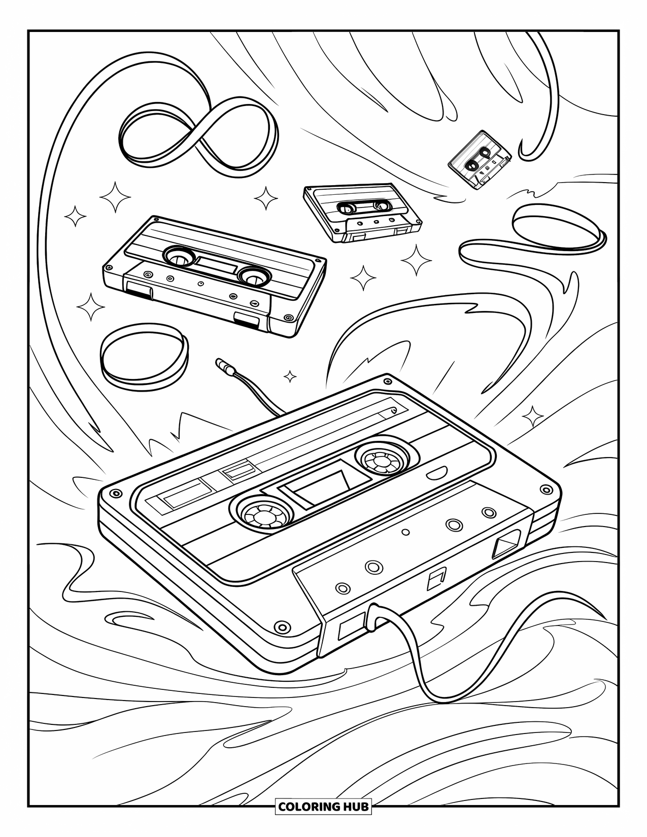Y2K Coloring Page for Kids: Magical cassette player with floating tape reels and dreamy swirls in the background