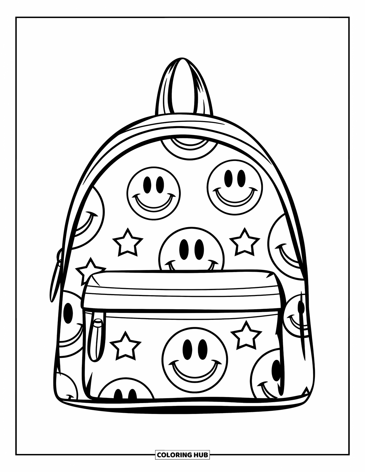 Y2K Coloring Page for Kids: Mini backpack with smiley faces and stars scattered all around