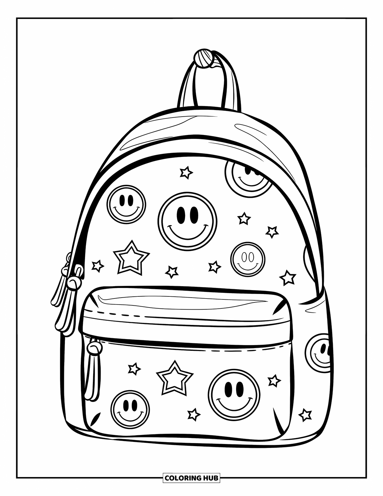 Y2K Coloring Page for Kids: Mini backpack with smiley patches and stars hanging on a pole
