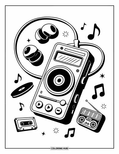 Ζωγραφιά Y2K για παιδιά: MP3 player με τυλιγμένα ακουστικά περιτριγυρισμένο από εικονίδια μουσικής όπως κασέτες και ραδιόφωνα