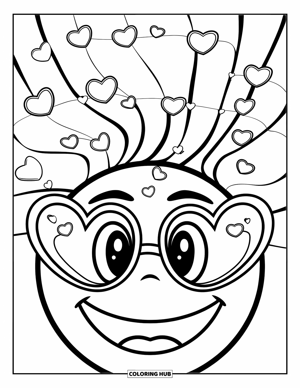 Y2K Coloring Page for Kids: Playful smiley with heart-shaped glasses and tiny hearts swirling in the waves