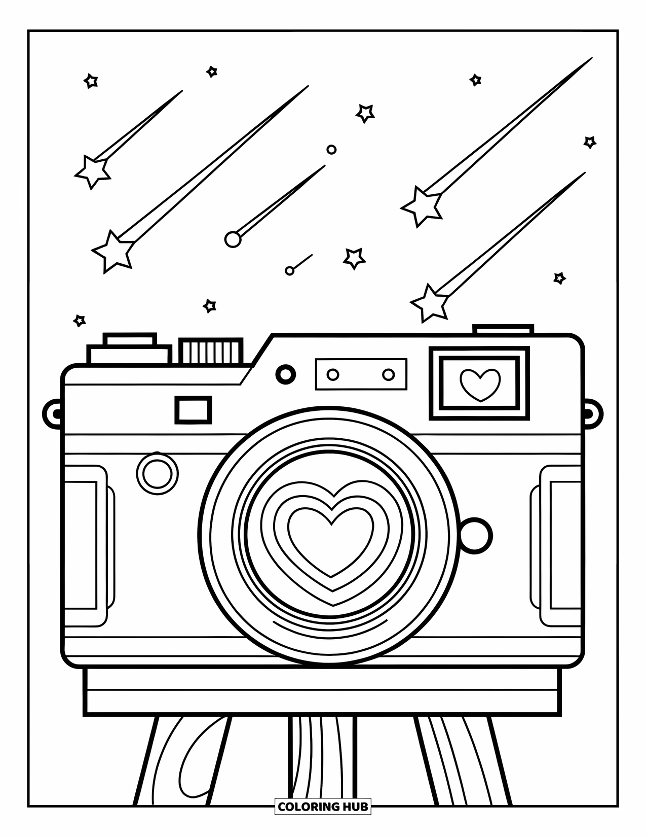 Y2K Coloring Page for Kids: Retro camera with heart lens and starry sky resting on a wooden stand