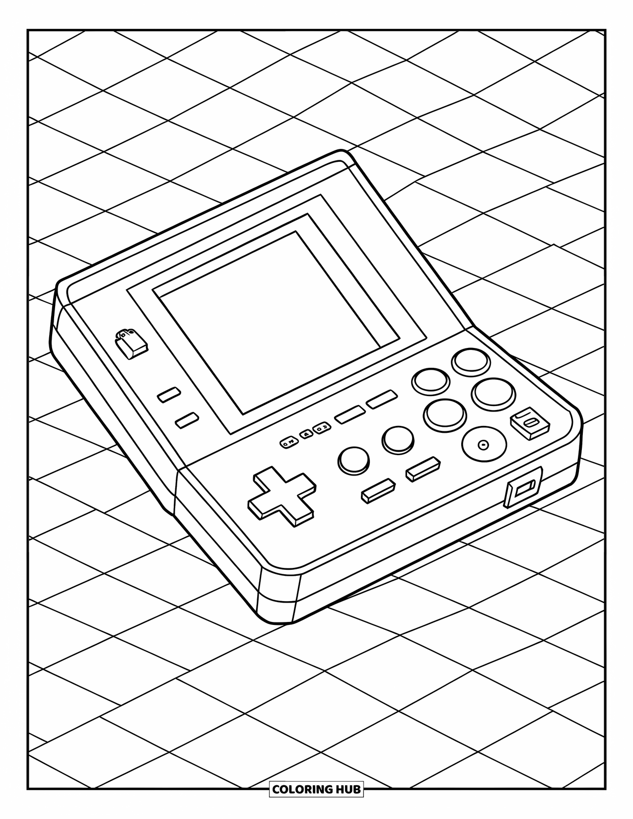 Y2K Coloring Page for Kids: Retro game device with buttons sitting on a checkerboard background