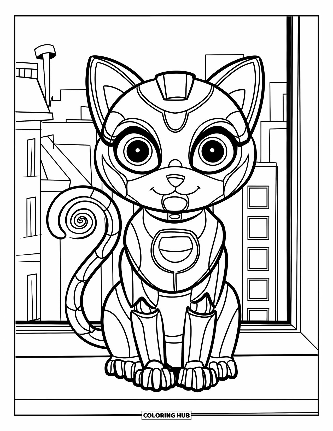 Y2K Coloring Page for Kids: Robot cat with a swirly tail sitting on a windowsill