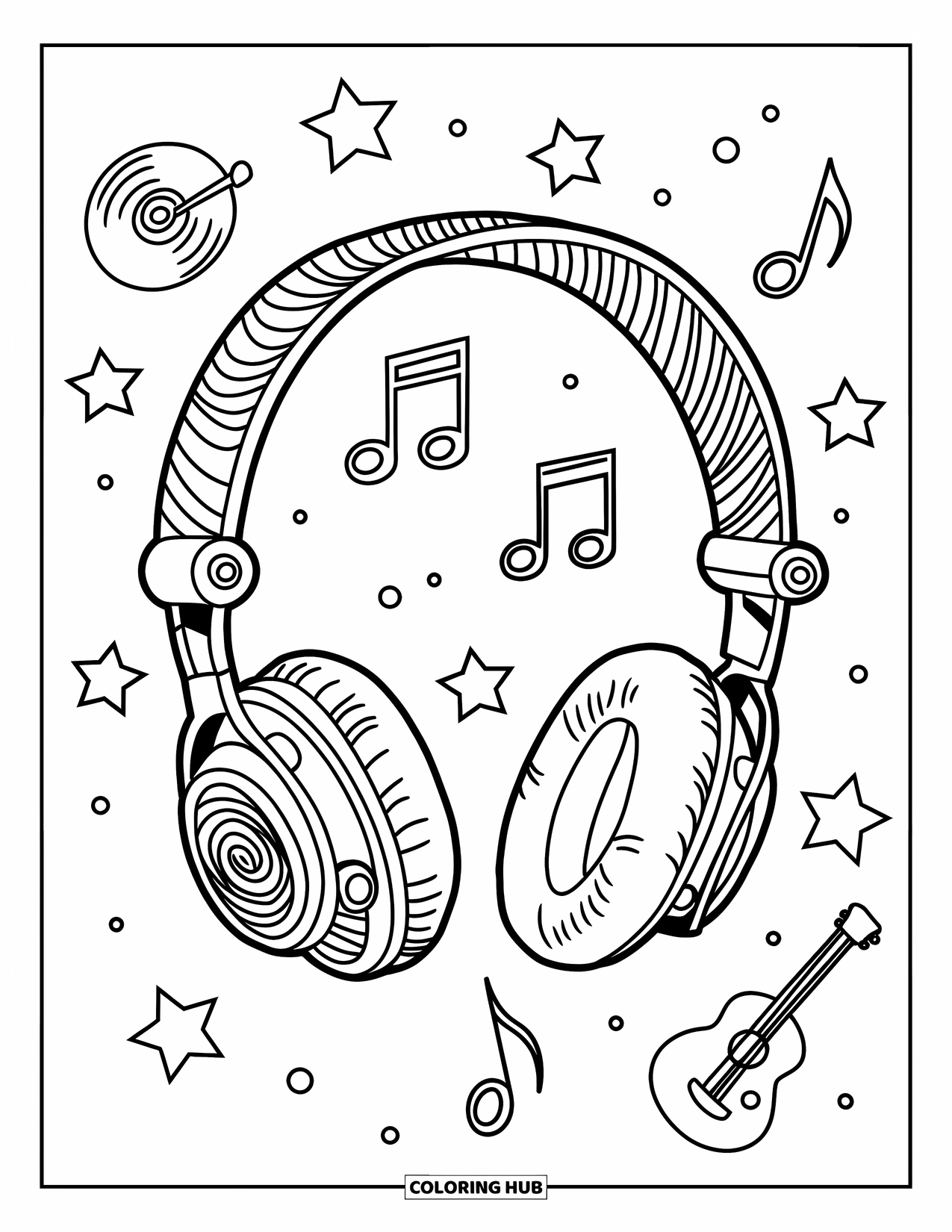 Y2K Coloring Page for Kids: Round headphones with swirls and stars, plus floating music notes and instruments