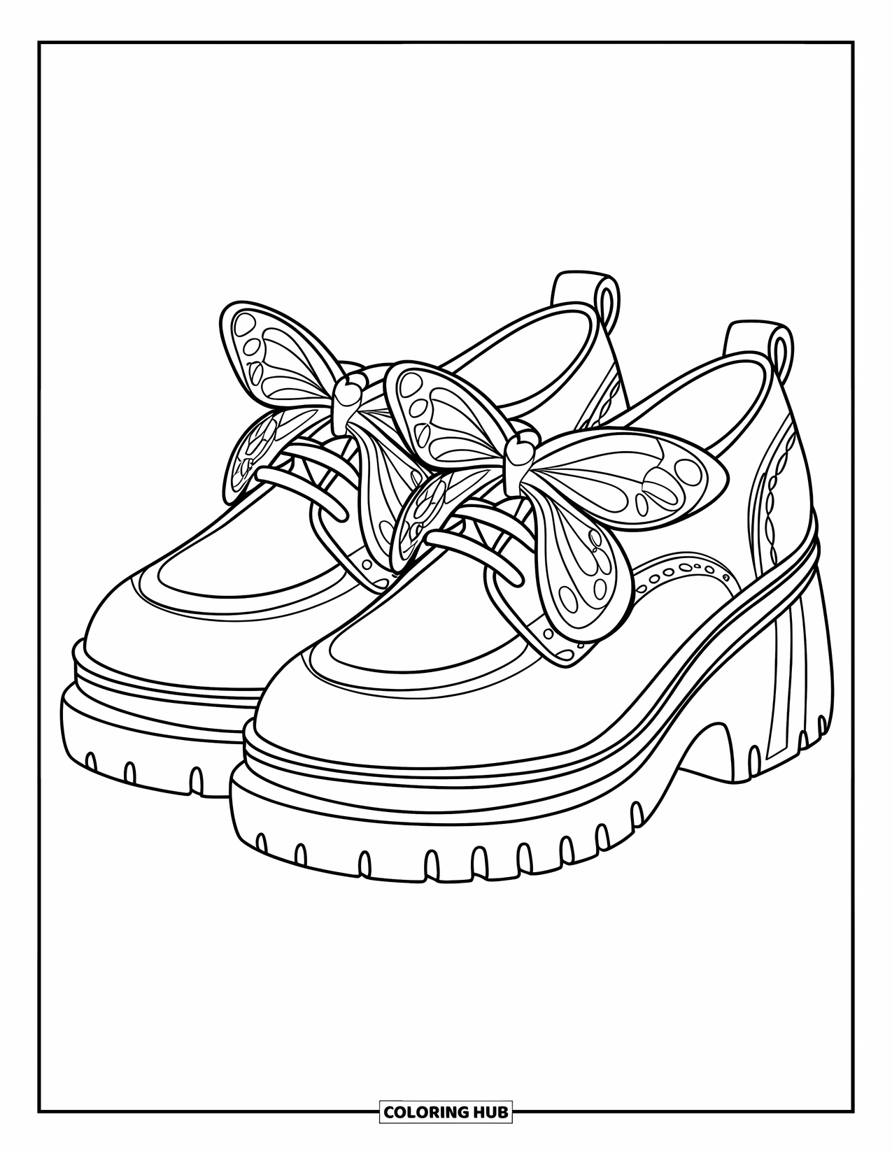 Y2K Coloring Page for Kids: Shoes with butterfly laces, thick soles, and cute stitched details