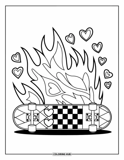 Ζωγραφιά Y2K για παιδιά: Skateboard με καμπύλες φλόγες, έντονα καρό και καρδιές σε εντυπωσιακό σχέδιο