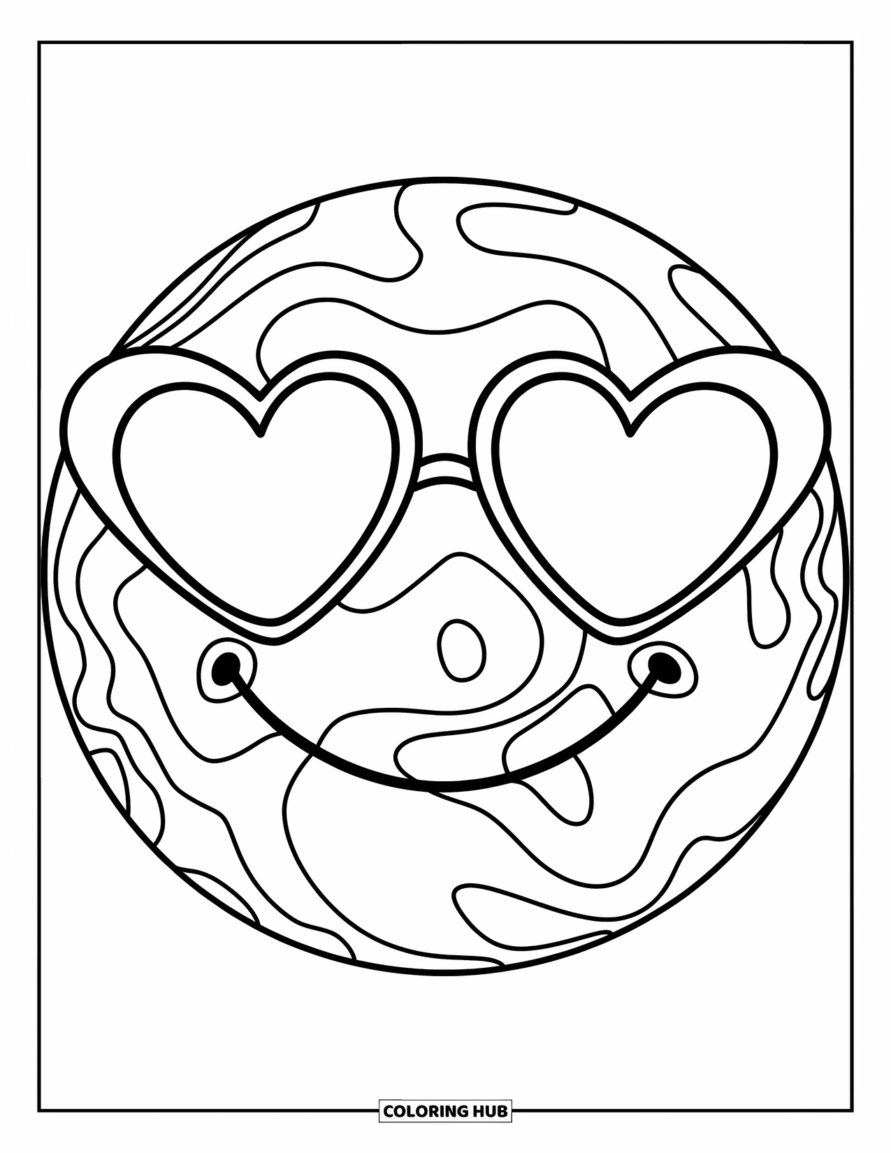 Y2K Coloring Page for Kids: Smiley face with wavy lines and heart glasses, full of cheerful vibes