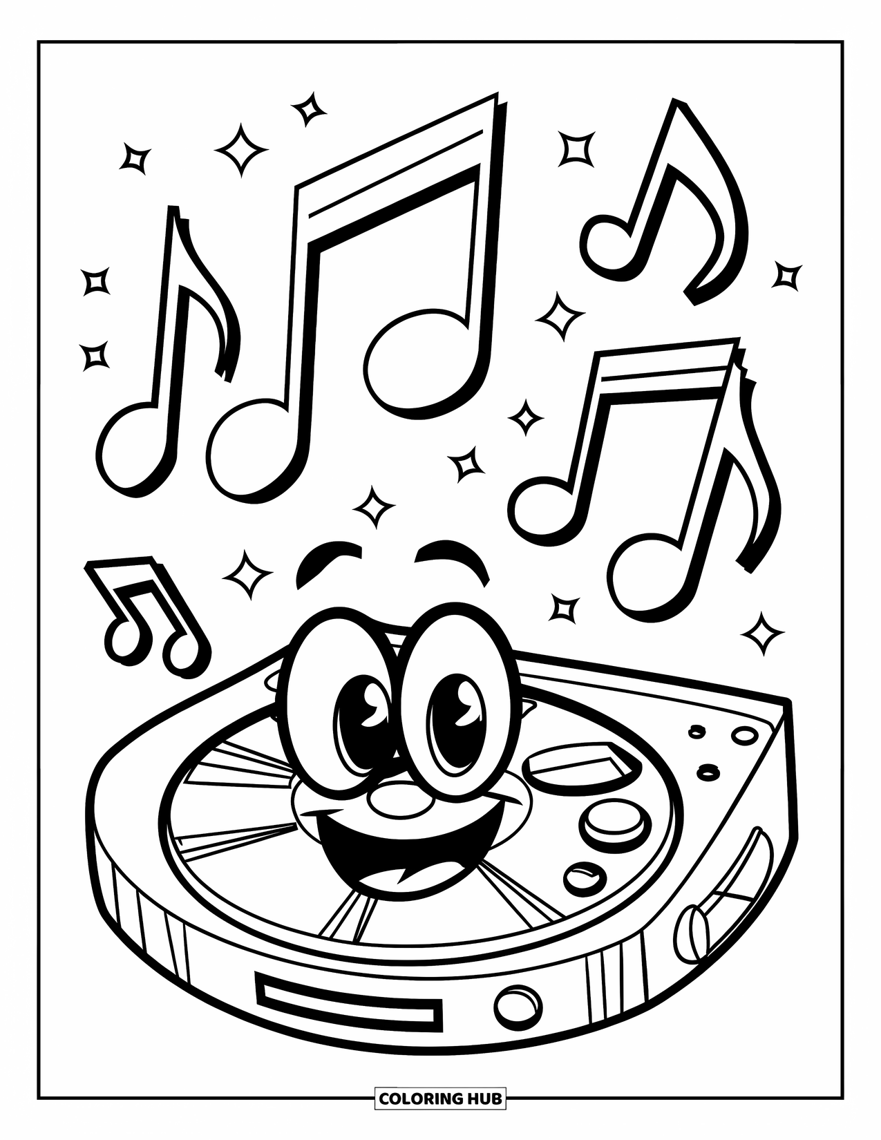 Y2K Coloring Page for Kids: Smiling CD player surrounded by floating musical notes in every direction