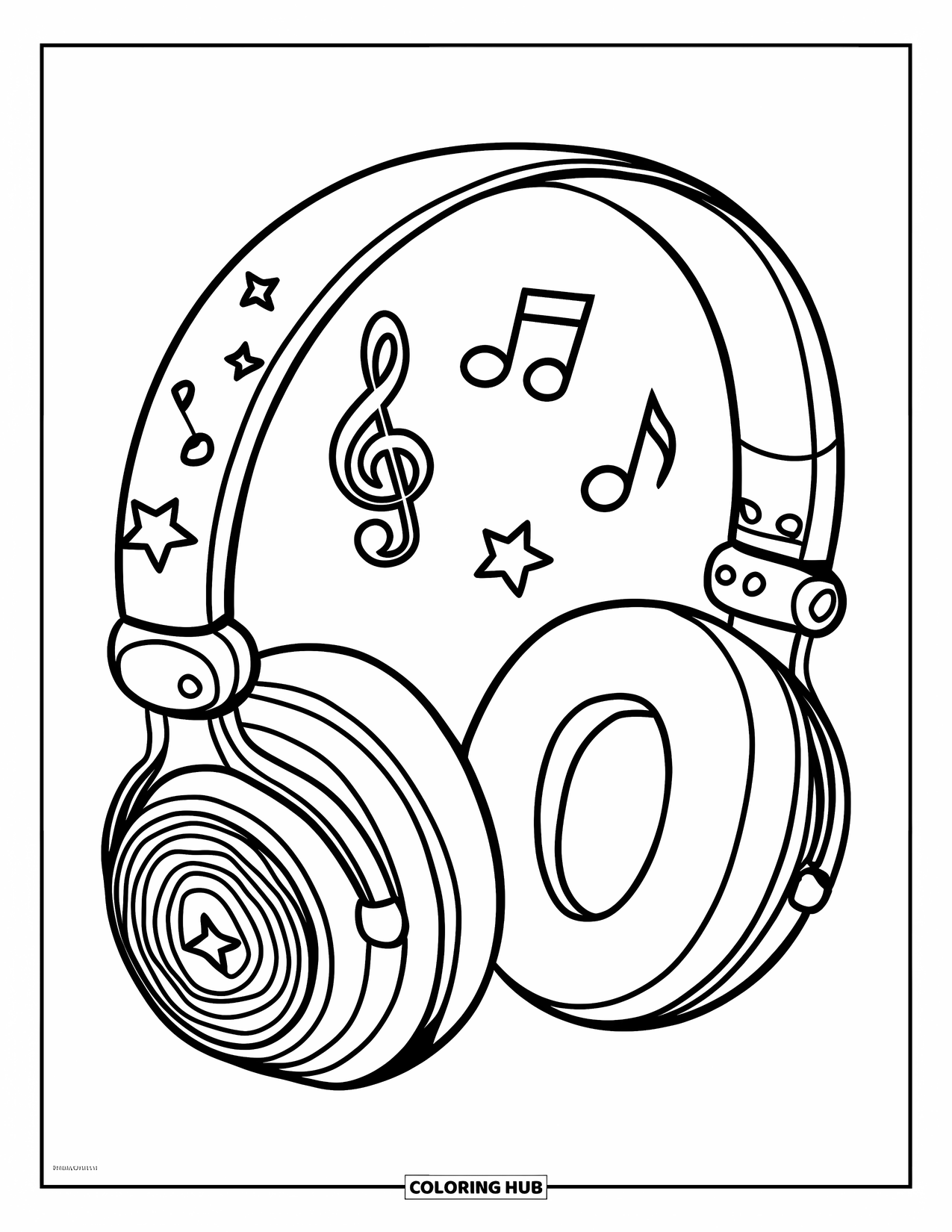 Y2K Coloring Page for Kids: Stylish headphones with swirl earcups, stars, and floating music symbols