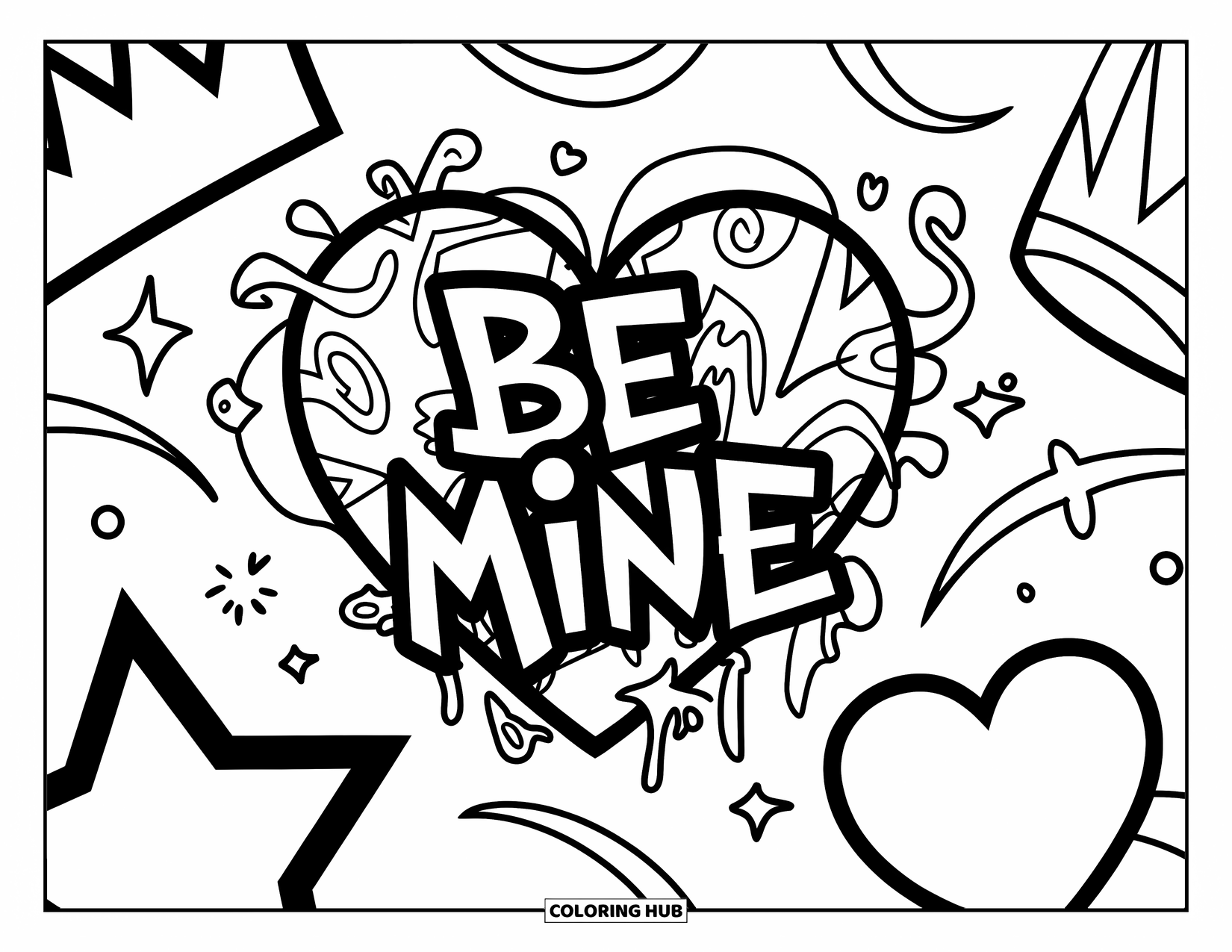Y2K Coloring Page for Kids: Tagged heart with "Be Mine" surrounded by a crown, star, and sparkly shapes