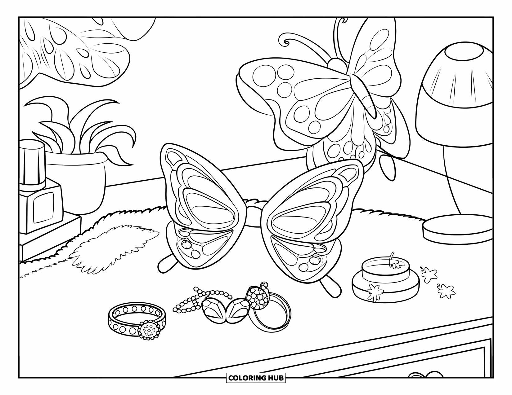 Y2K Coloring Page for Kids: Vanity desk with butterfly sunglasses, charm rings, nail polish, and a small potted plant