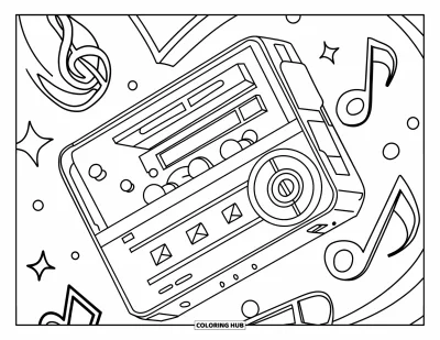 Ζωγραφιά Y2K για παιδιά: Μουσικό player τύπου Walkman με κλειδιά, νότες και σπινθήρες να αιωρούνται τριγύρω