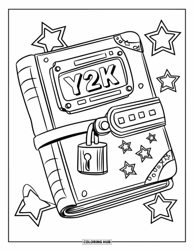Ζωγραφιά Y2K για παιδιά: Ψηφιακό ημερολόγιο Y2K με οθόνη, κλειδαριά και αυτοκόλλητα αστέρια σε τεχνολογικό ύφος