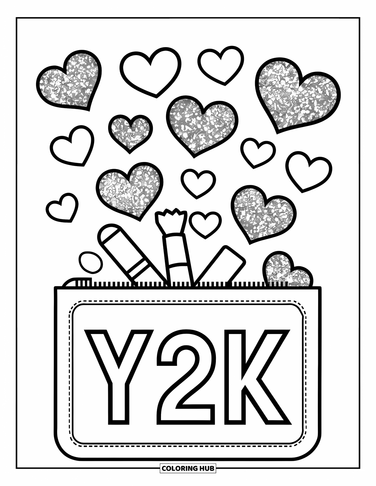 Y2K Coloring Page for Kids: Y2K pouch labeled "Y2K" with hearts and glitter spilling out