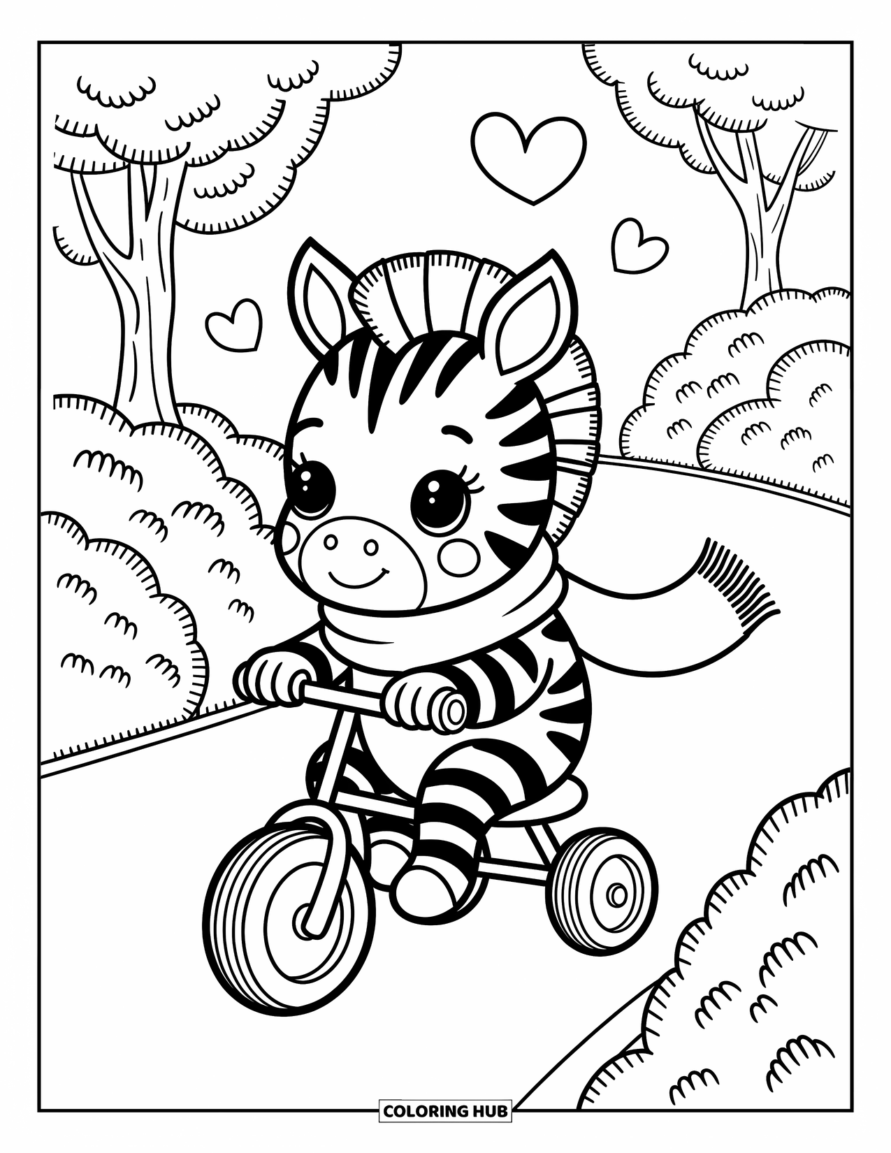 Zebra Coloring Page for Adults: A baby zebra pedals down a park path with floating hearts in its basket