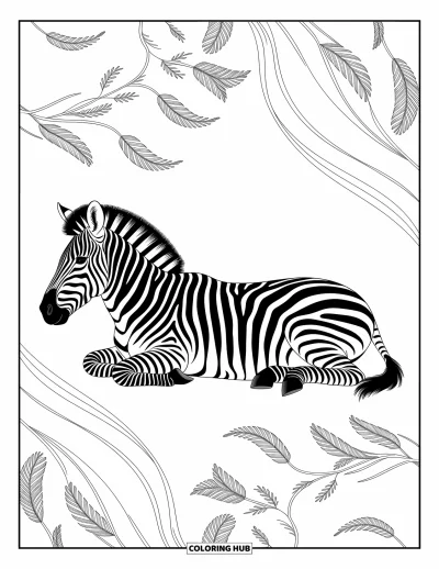 Zebramålarbild för vuxna: En avslappnad zebra omgiven av svajande fjädrar och slingrande rankor
