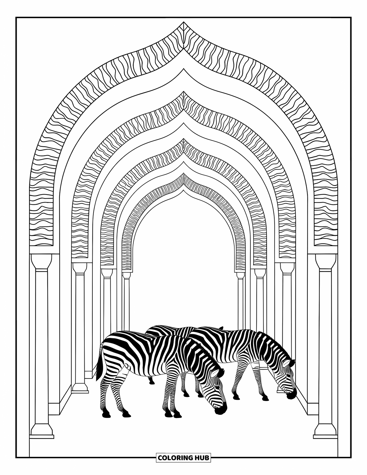 Zebra Coloring Page for Adults: A zebra herd is framed by ornate arches with layered mosaic patterns