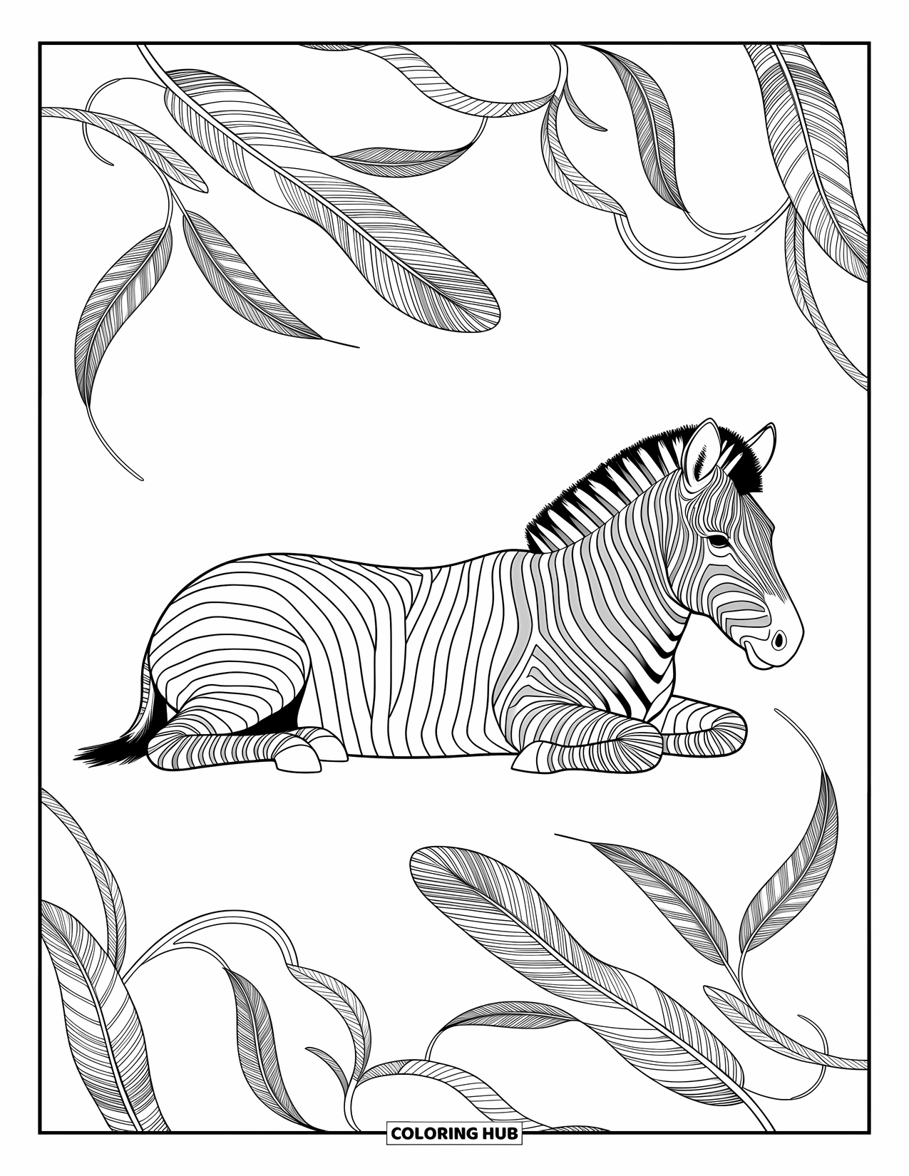 Zebra Coloring Page for Adults: A zebra rests peacefully as vines and feathers gently swirl around it