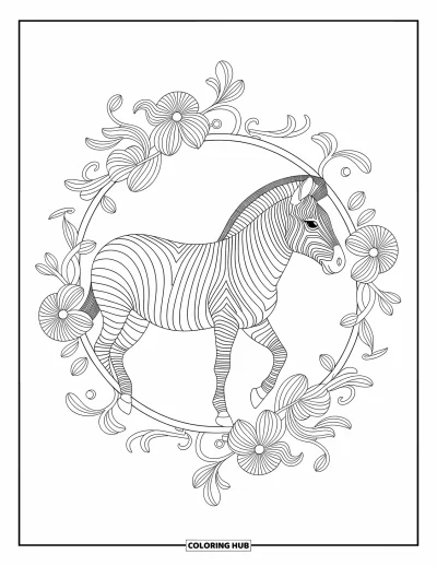 Zebramålarbild för vuxna: En zebra står inuti en cirkel av virvlande löv och blommor