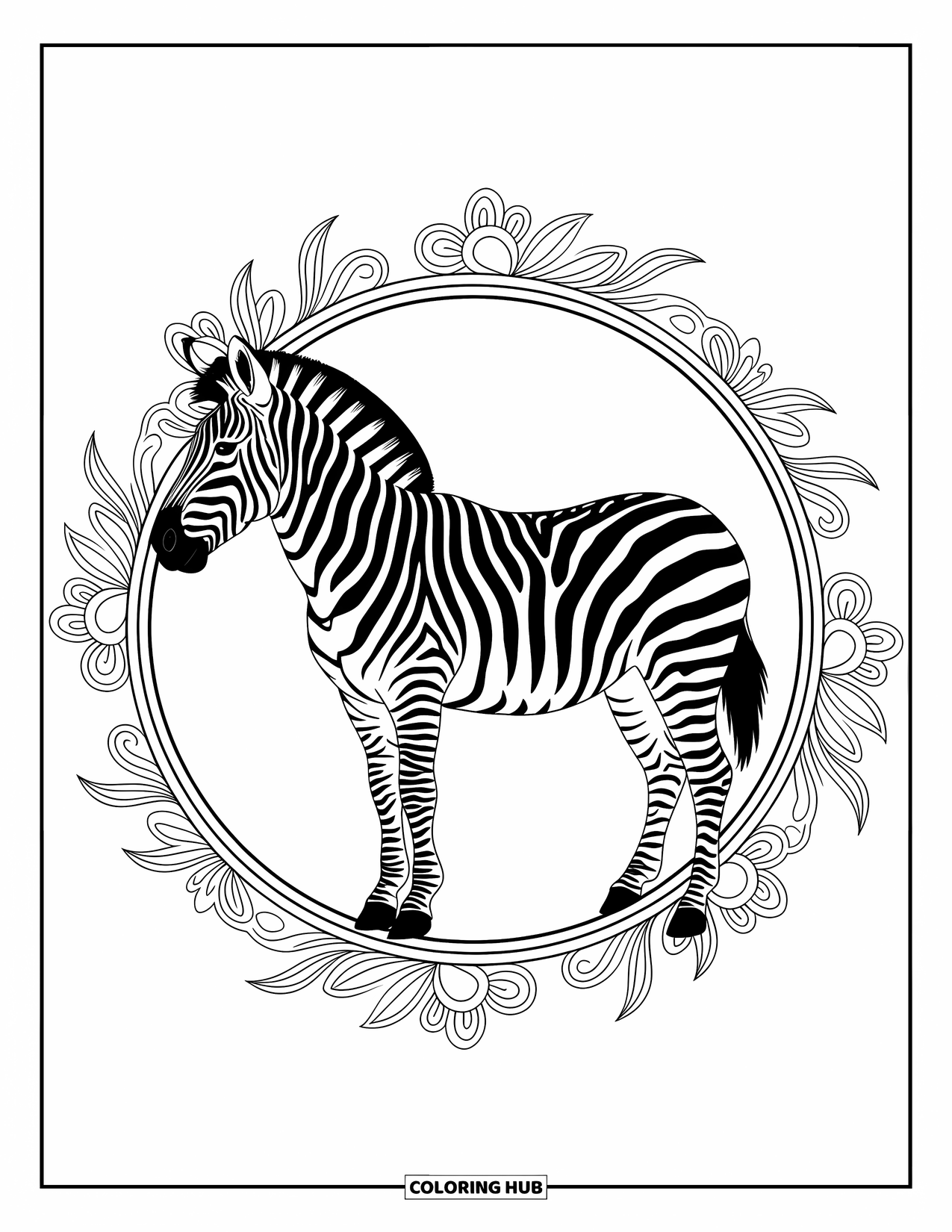 Zebra Coloring Page for Adults: A zebra stands proudly in the middle of a floral circle