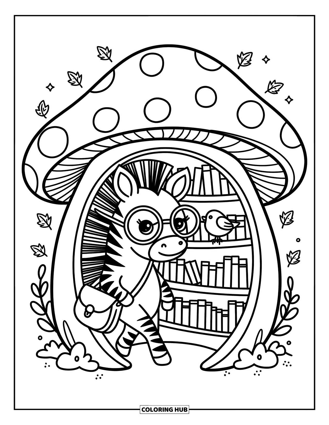 Zebra Coloring Page for Adults: A zebra with glasses steps into a cozy mushroom library as books and a bird welcome it