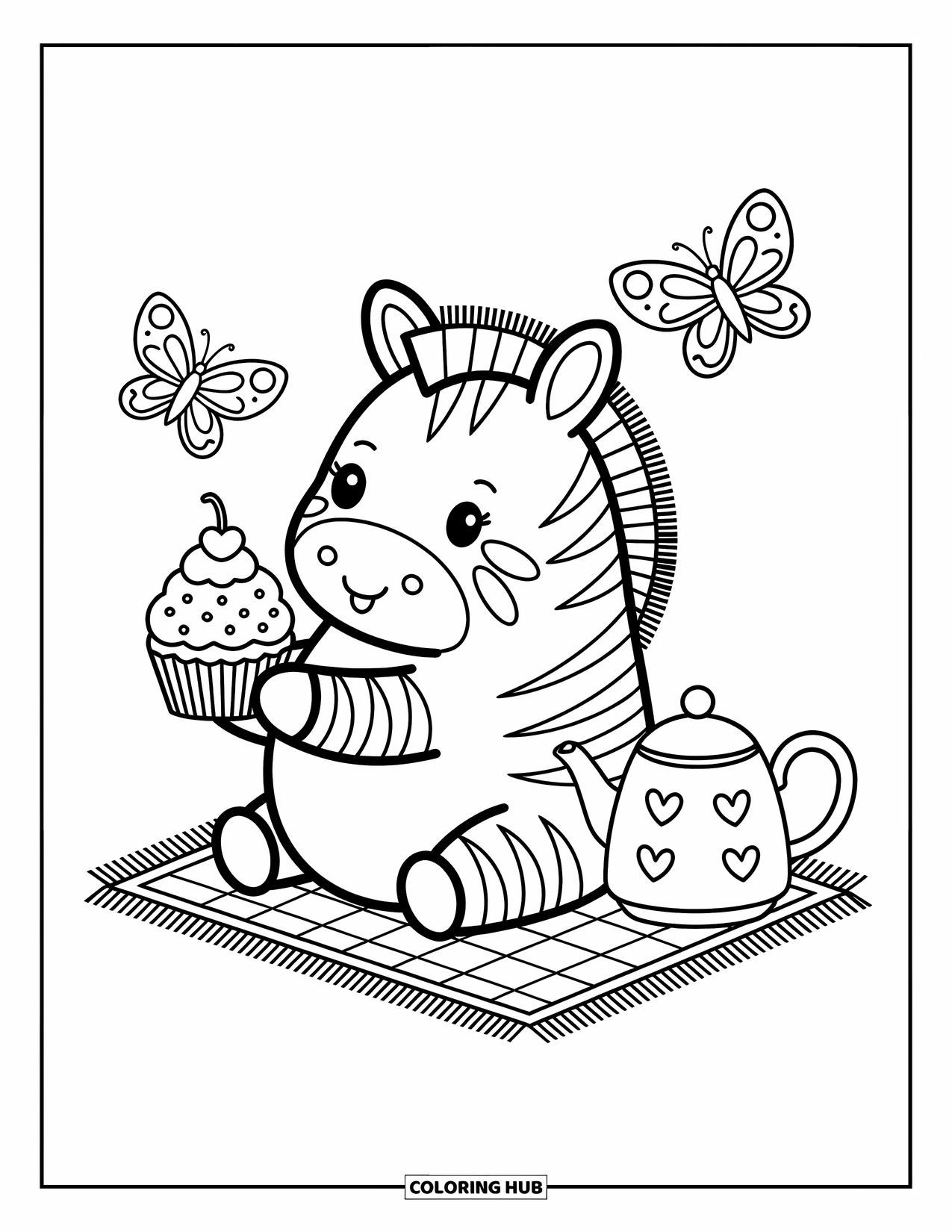 Zebra Coloring Page for Adults: Chubby zebra enjoys a cupcake on a picnic mat with butterflies and a heart kettle