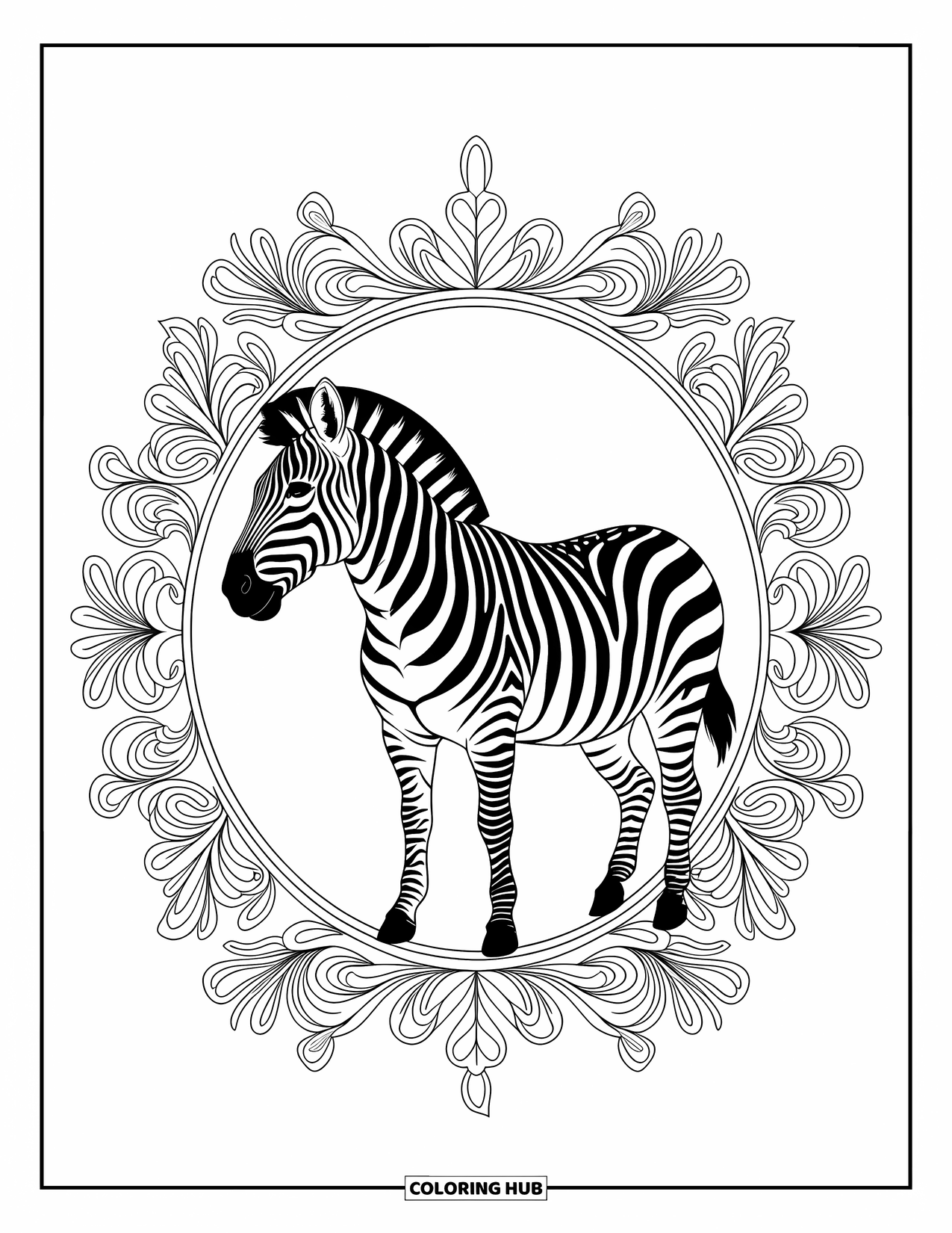 Zebra Coloring Page for Adults: Floral swirls dance around a zebra framed in a fancy circle