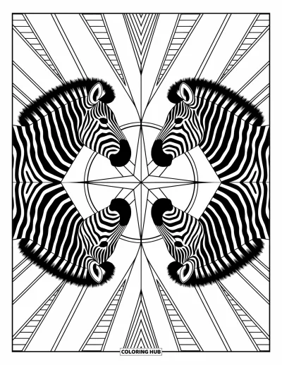 Zebramålarbild för vuxna: Symmetriska zebror och en kompassros fyller sidan med detaljerade geometriska mönster