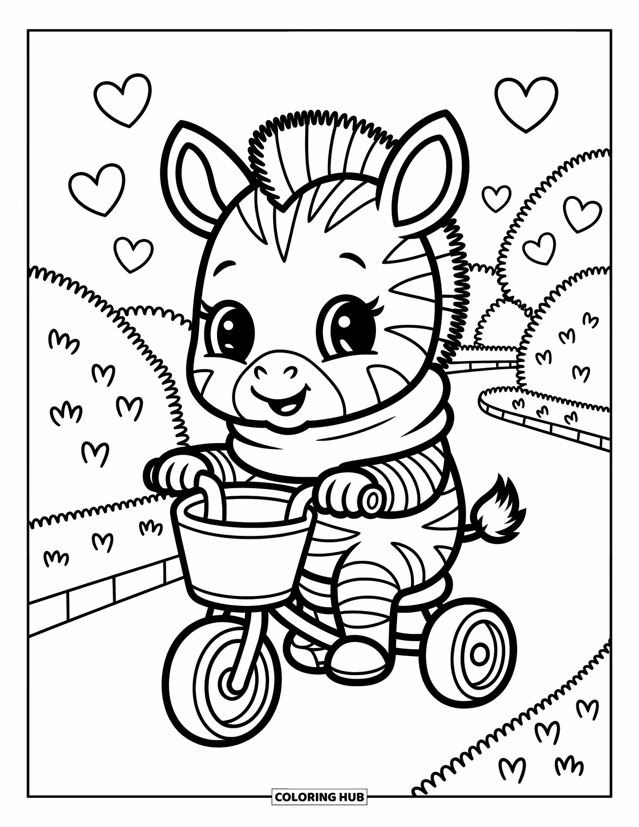 Zebra Coloring Page for Adults: Wrapped in a scarf, a baby zebra rides a tricycle through a lane of bushes