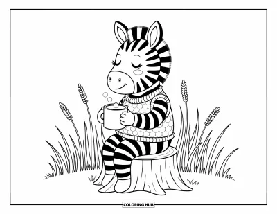 Zebramålarbild för vuxna: Iklädd väst slappnar en zebra av på en stubbe med en varm mugg