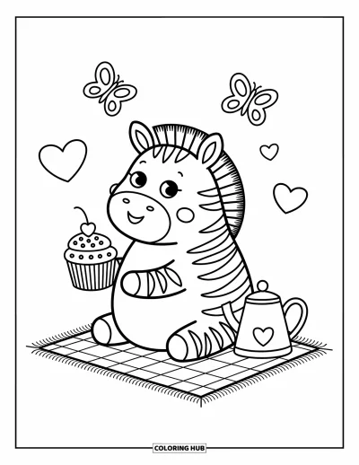 Zebramålarbild för vuxna: Zebra håller en muffin med strössel medan den sitter med fjärilar och en hjärtformad tekanna