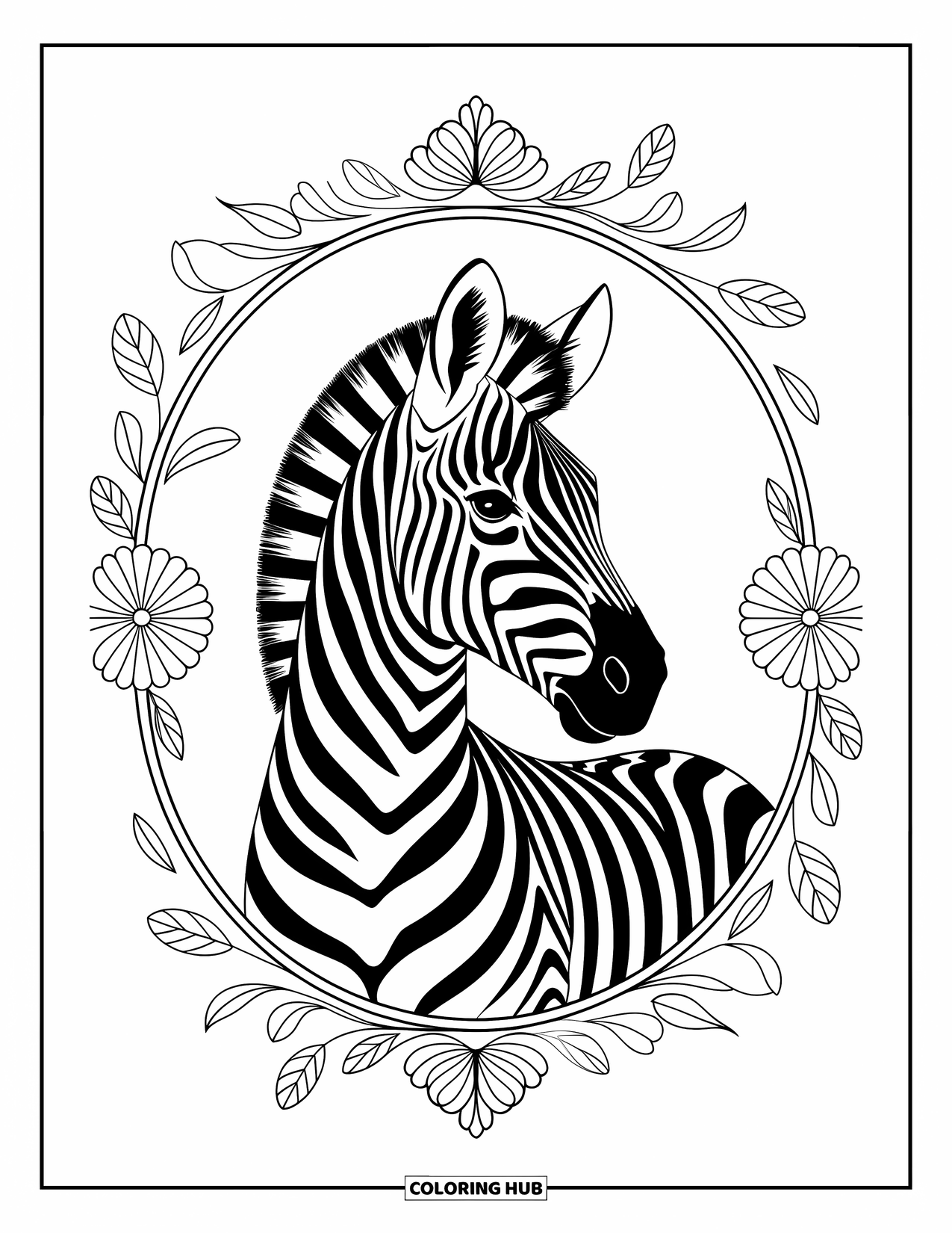 Zebra Coloring Page for Adults: Zebra in a round frame with flowing flowers and leafy curls
