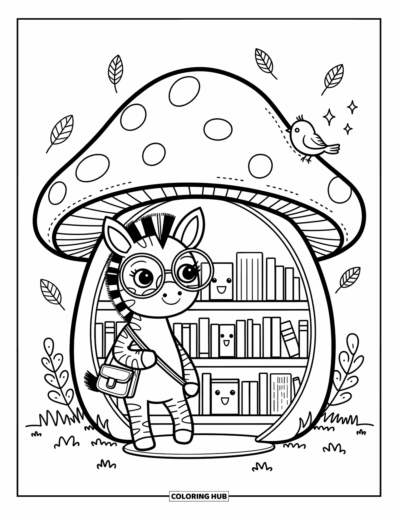 Zebra Coloring Page for Adults: Zebra in glasses enters a mushroom library filled with smiling books and a reading bird