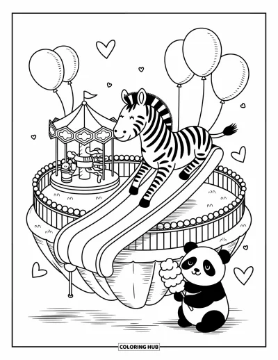 Zebramålarbild för vuxna: Zebra åker ner en godisrutschkana medan en panda tittar på och ett litet karusell snurrar i närheten