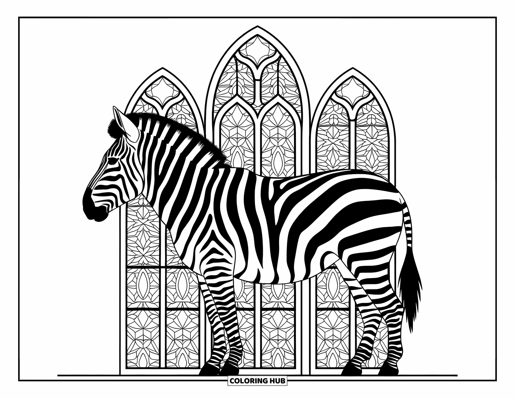 Zebra Coloring Page for Adults: Zebra silhouette filled with stained glass-style patterns stands against a decorative background