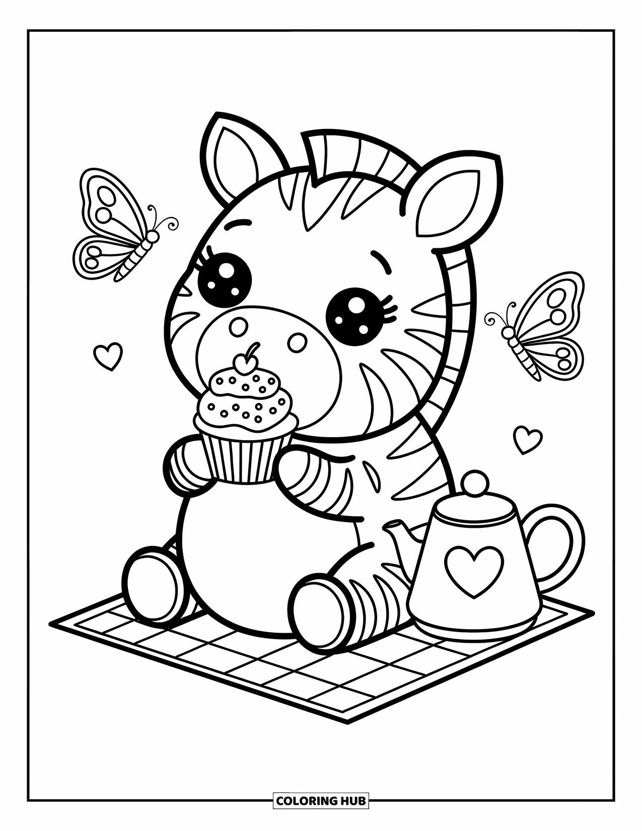 Zebra Coloring Page for Adults: Zebra with a cupcake sits happily on a mat while butterflies hover above